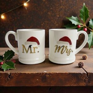Set of Mr. and Mrs. Christmas Santa Hat Large 16 oz White Coffee Mugs Set